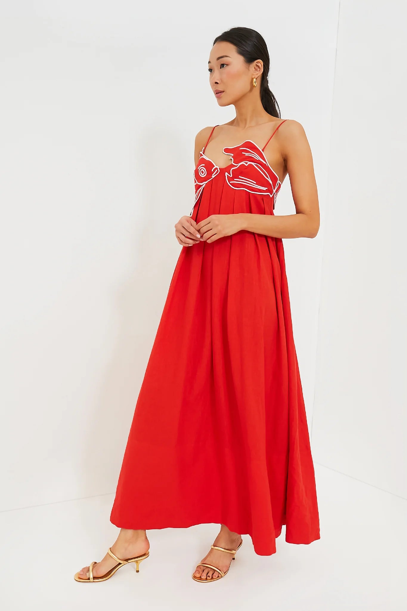 Rosalie Fish Embroidered Pleated Camisole Sleeveless Women's Dress